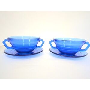 HAZEL ATLAS Cream Soup Bowl And Plate Dish MODERNTONE COBALT BLUE  8 Ounce